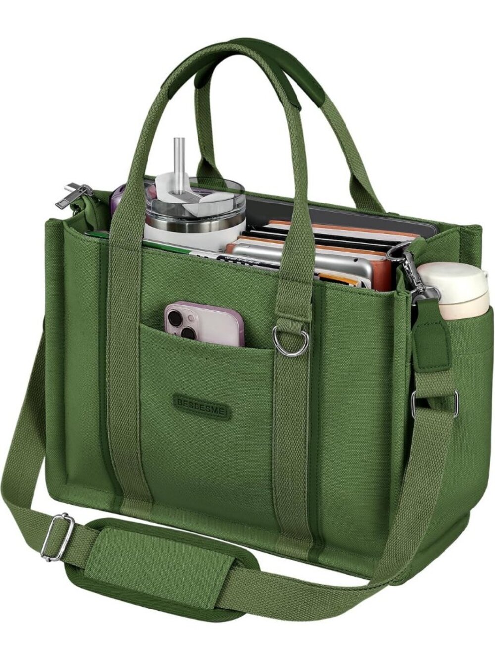 Stylish Multi-Pocket Canvas Tote Bag with Zipper - Versatile Laptop Crossbody